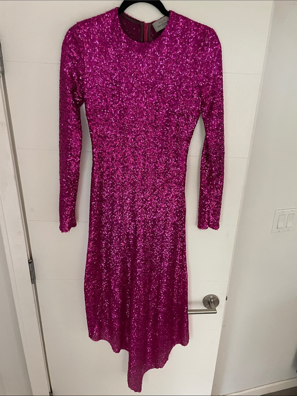 Preen by Thornton Bregazzii Fuchsia Sequin Long-Sleeve Midi Dress